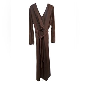 Women’s V Neck Espresso Brown Wide Leg Sheer Long Sleeves Jumpsuit, size 1X